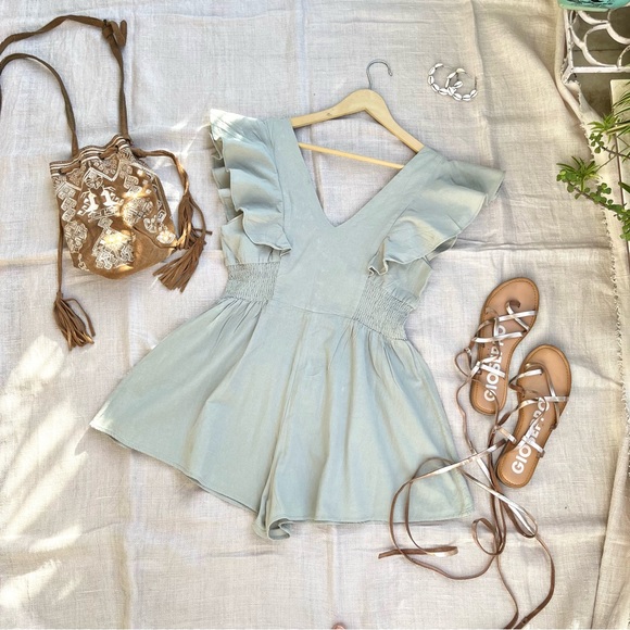 Sage Green Ruffled Button-Front Romper - Picture 14 of 15